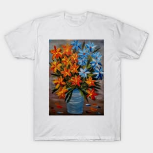 some abstract orchids in red and yellow and. Blue and white and I love the vase in glass and metallic finish on it T-Shirt